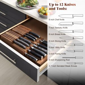 Acacomft In-Drawer Knife Block, Acacia Wood Kitchen Knife Drawer Organizer, Knife Holder without Knives For Up to 12 Knives Steak Knife Chef Knife