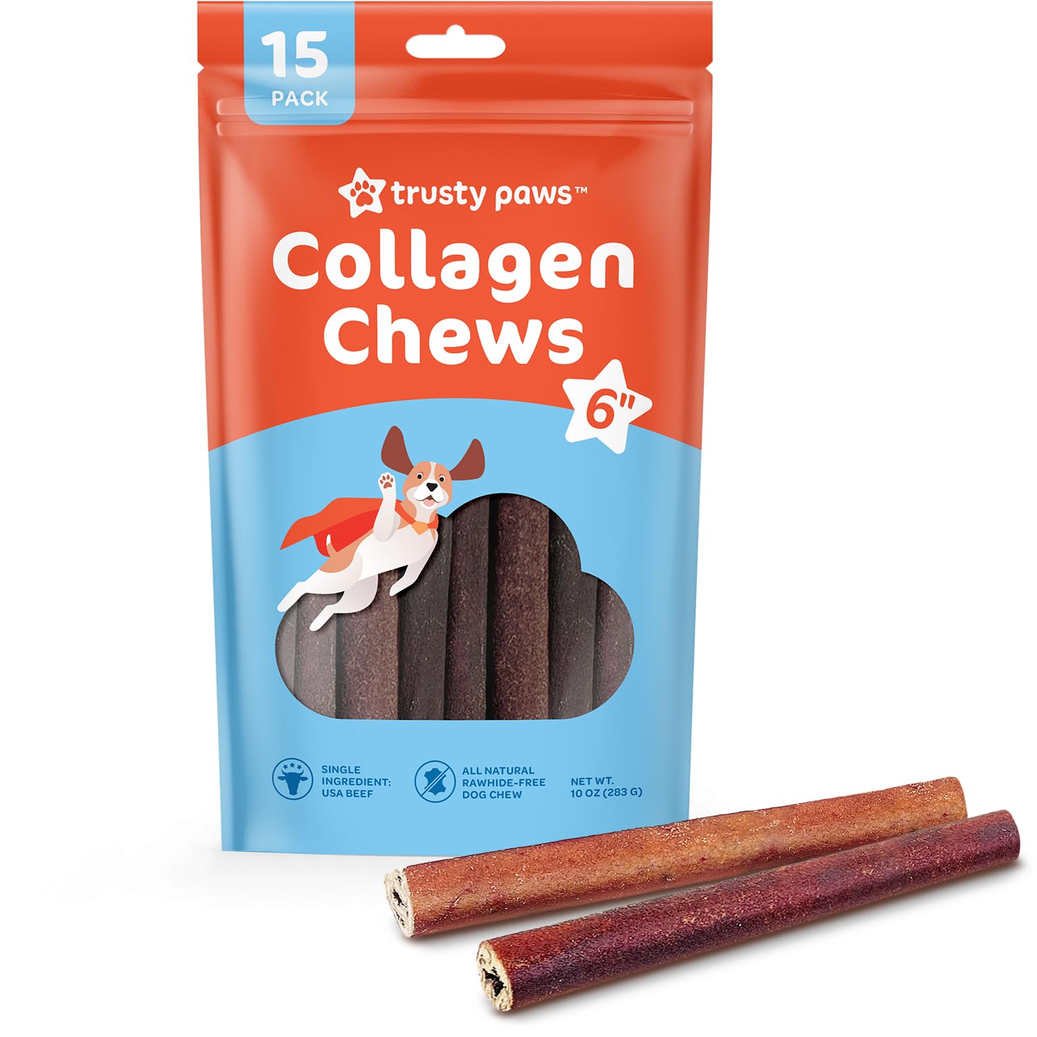 Trusty Paws Beef Collagen Sticks for Dogs - One Ingredient Collagen Chews - USA Beef Collagen Dog Chews Long Lasting - 10oz Bag, 15 Collagen Chew Sticks for Dogs