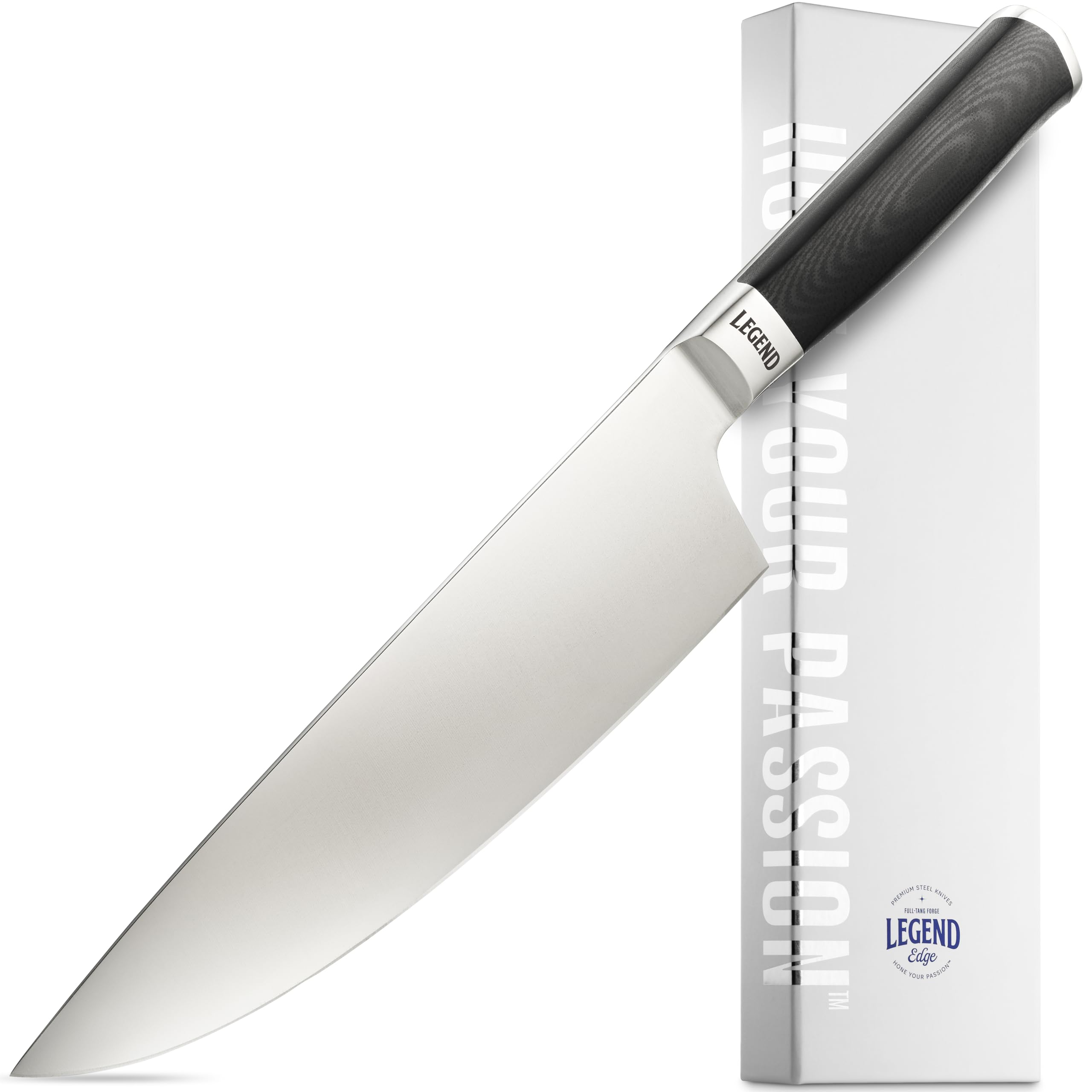 LEGEND COOKWARE Premium 8” German Steel Chef Knife - Professional Kitchen Knives - Sharp, Full Tang Stainless Steel w/Black G10 Handle - All Purpose Cooking Chef’s Knife - Gift Packaging w/Sheath