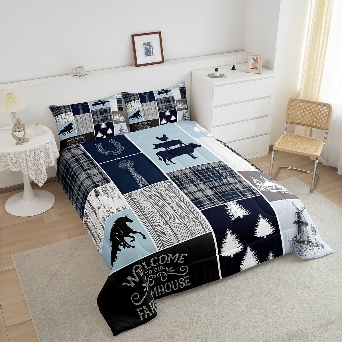 Erosebridal Farmhouse Horse Quilt, Rustic Windmill Comforter Set King Lodge Cabin Patchwork Bedding Set for Kids Teens Adult, Farm Animal Cowboys Horseshoe Down Comforter, 2 Pillow Cases, Grey Blue