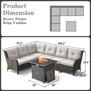 Wicker Outdoor Patio Furniture Set - Rattan Sofa Sectional Conversation Sets with 2 Loveseat,1 Corner Sofa,1 Armless Sofa and 1 Square Propane Fire Pit Table(Brown Wicker/Beige Cushion)