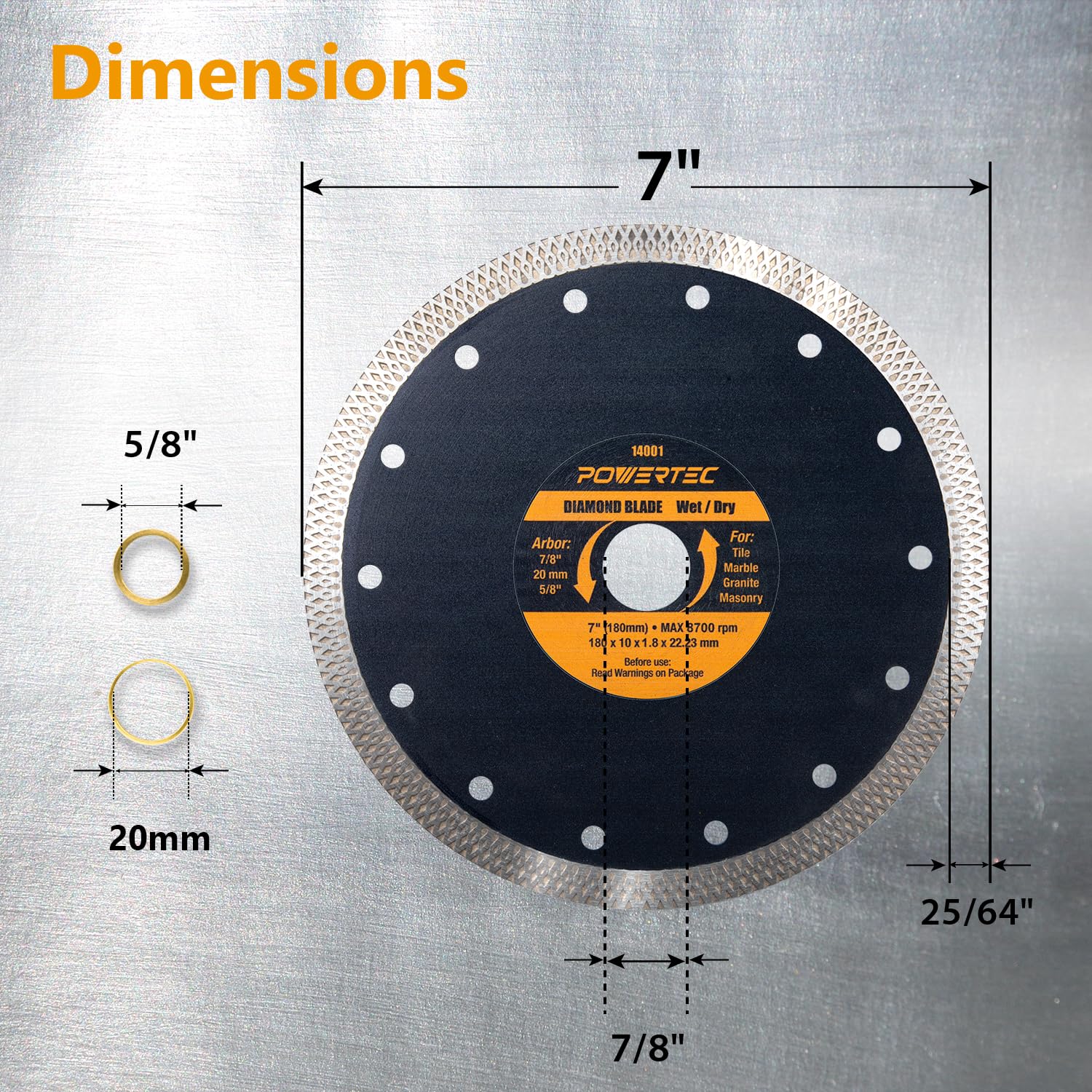 POWERTEC 7 Inch Super Thin Diamond Saw Blades for Tile Saw, Turbo Mesh Rim Tile Blade for Porcelain and Ceramic Tile Wet/Dry Cutting, 7" Diamond Blade for Wet Tile Saw, 1 PK (14001V)