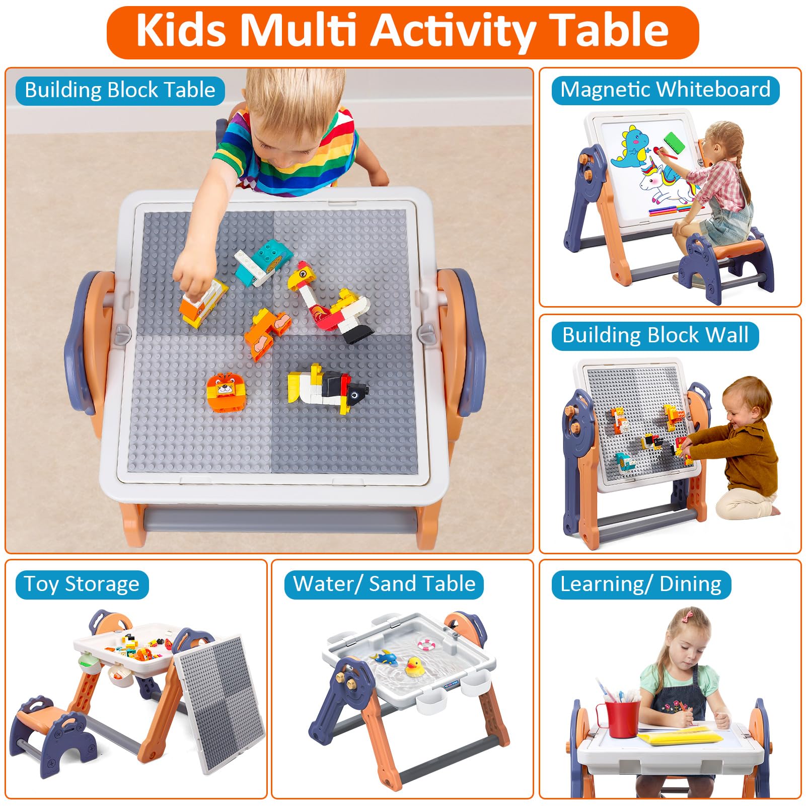 8-in-1 Kids Table and Chair Set, Foldable Kids Activity Table for Toddlers 3-5, Toddler Activity Table Building Block Table with Whiteboard, Water Table Sand Table Sensory Table for Boys Girls