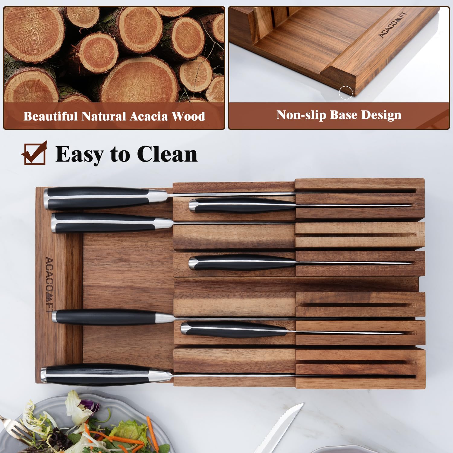 Acacomft In-Drawer Knife Block, Acacia Wood Kitchen Knife Drawer Organizer, Knife Holder without Knives For Up to 12 Knives Steak Knife Chef Knife