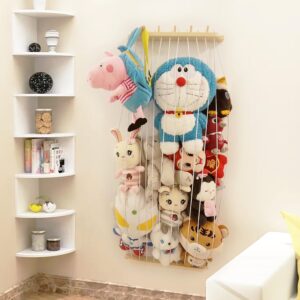 KSXLIUC Stuffed Animal Storage Wood Plush Toys Holder with Hooks, Length Adjustable Hanging Stuffed Animal Toy Organizer Shelf for Nursery Kid Room Play Room Bedroom