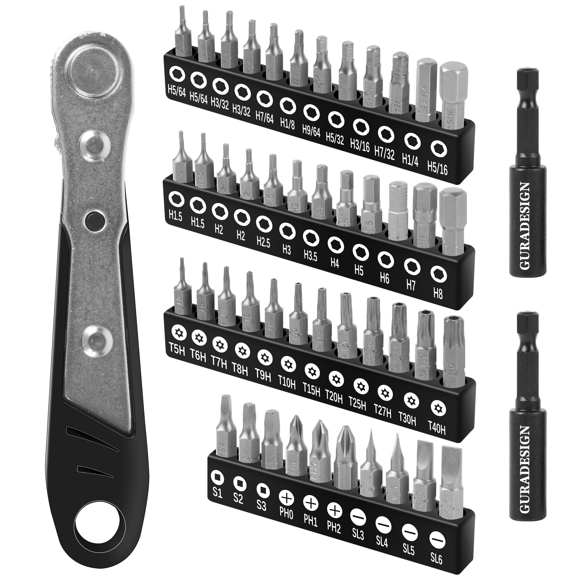 GURADESIGN 49-Piece Screwdriver Bit Set with Right Angle Screwdriver, S2 Steel, include Hex/Torx/Phillips/Slotted/Square/Bit Holder.