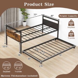 KOMFOTT Twin Size Metal Daybed with Trundle, Daybed Frame with Wooden Headboards, Metal Slat Support, Saving Space Metal Sofa Bed Frame for Living Room, Bedroom, Apartment, No Box Spring Needed