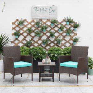 PayLessHere Set of 3 Outdoor Furniture Set Patio Furniture Set Brown Conversation Set with 2 Rattan Chairs Glass Coffee Table for Coffee Bar Poolside Patio Outdoor, Blue Cushions