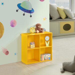 kings brand furniture george bookcase cubby storage organizer - square shelves cube storage - 4 cube storage organizer - cube organizer wood shelf for bedroom - nursery - school - yellow finish