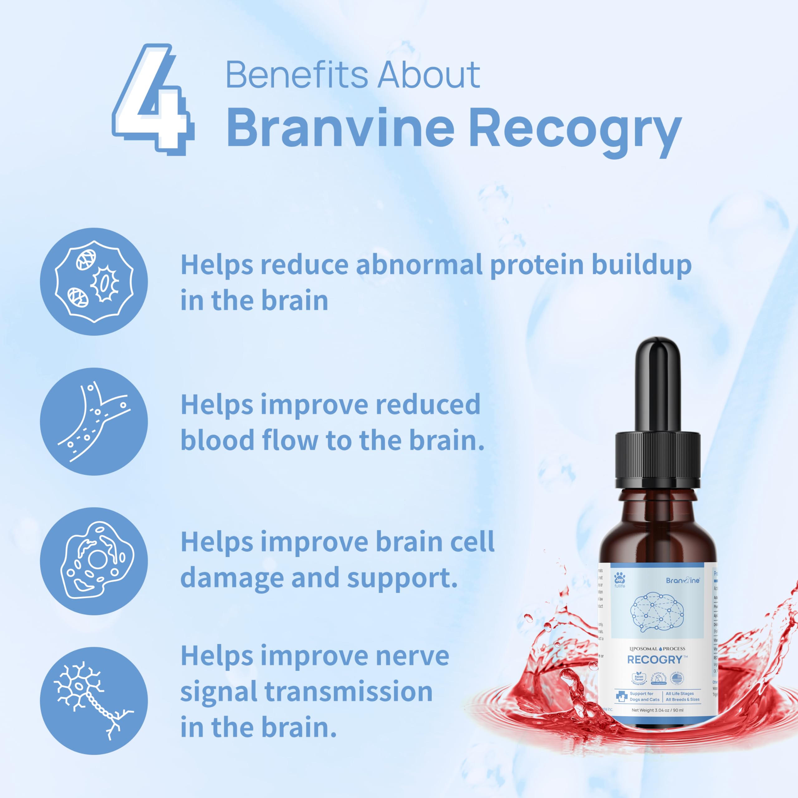 Branvine Recogry Liquid Cognitive Disorder and Brain Support for Dogs and Cats with Astaxanthin, Phosphatidylserine, Alpha GPC, DHA, Olive, Coconut, Sage, Turmeric, Ginger (90ml)