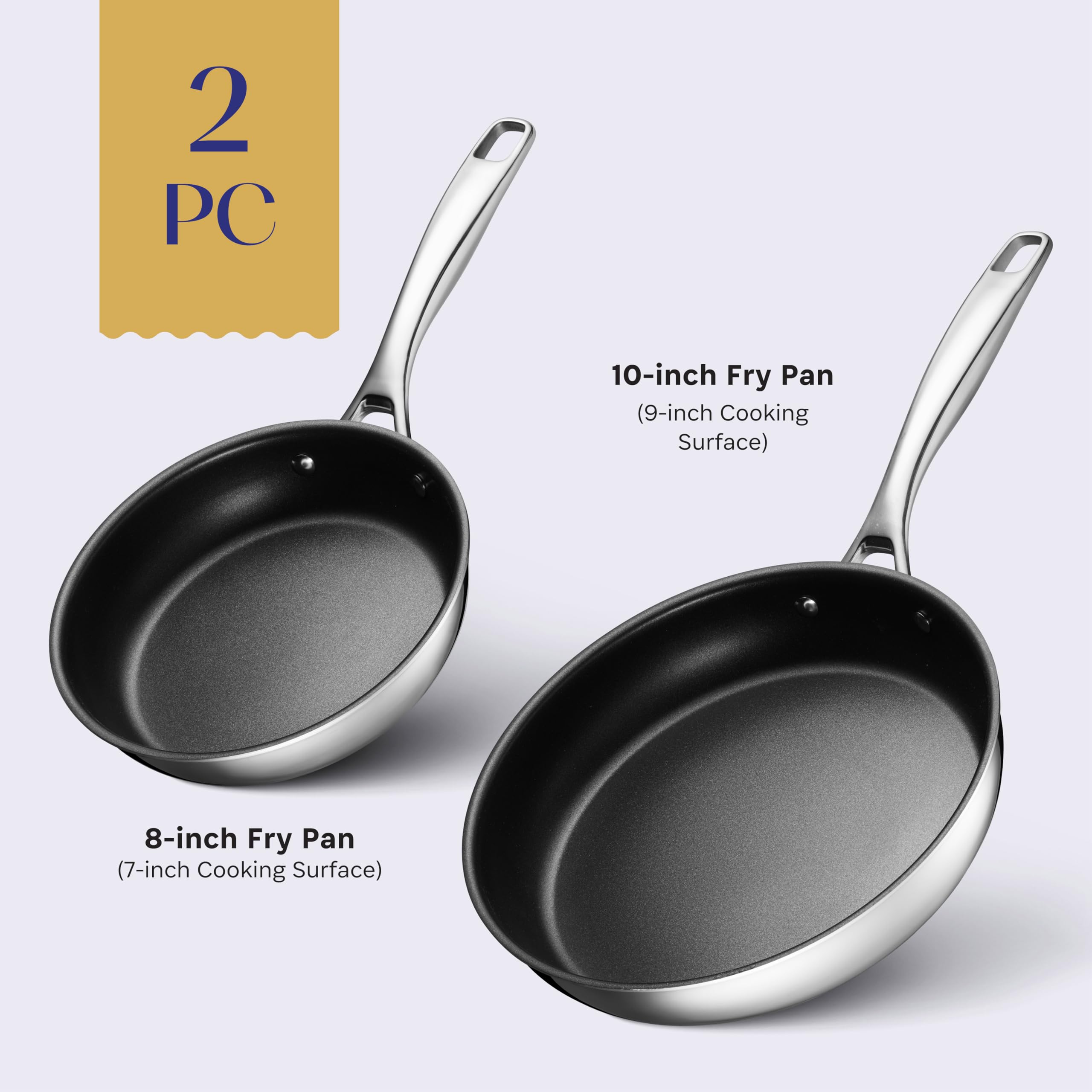 Legend Cookware SuperStainless Non-Stick Skillets - 5-Ply Stainless Steel + Aluminum - 2-Ply PFOA-Free Non-Stick - All Cooking Surfaces + Oven - Lids Sold Separately - 1 ea. 8" & 10" Fry Pans