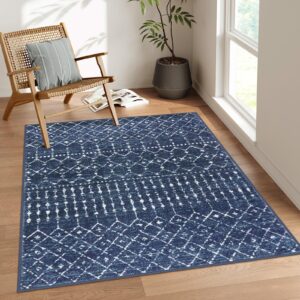 Beeiva Moroccan Washable Living Room Rug, Printed Soft 5x7 Rug with Rubberback Non Slip, Low Pile Distressed Blue Rug No Shedding Dining Room Rug for Bedroom Office