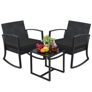 greesum 3 pieces outdoor furniture set patio bistro rocking chairs and glass coffee table, black, modern