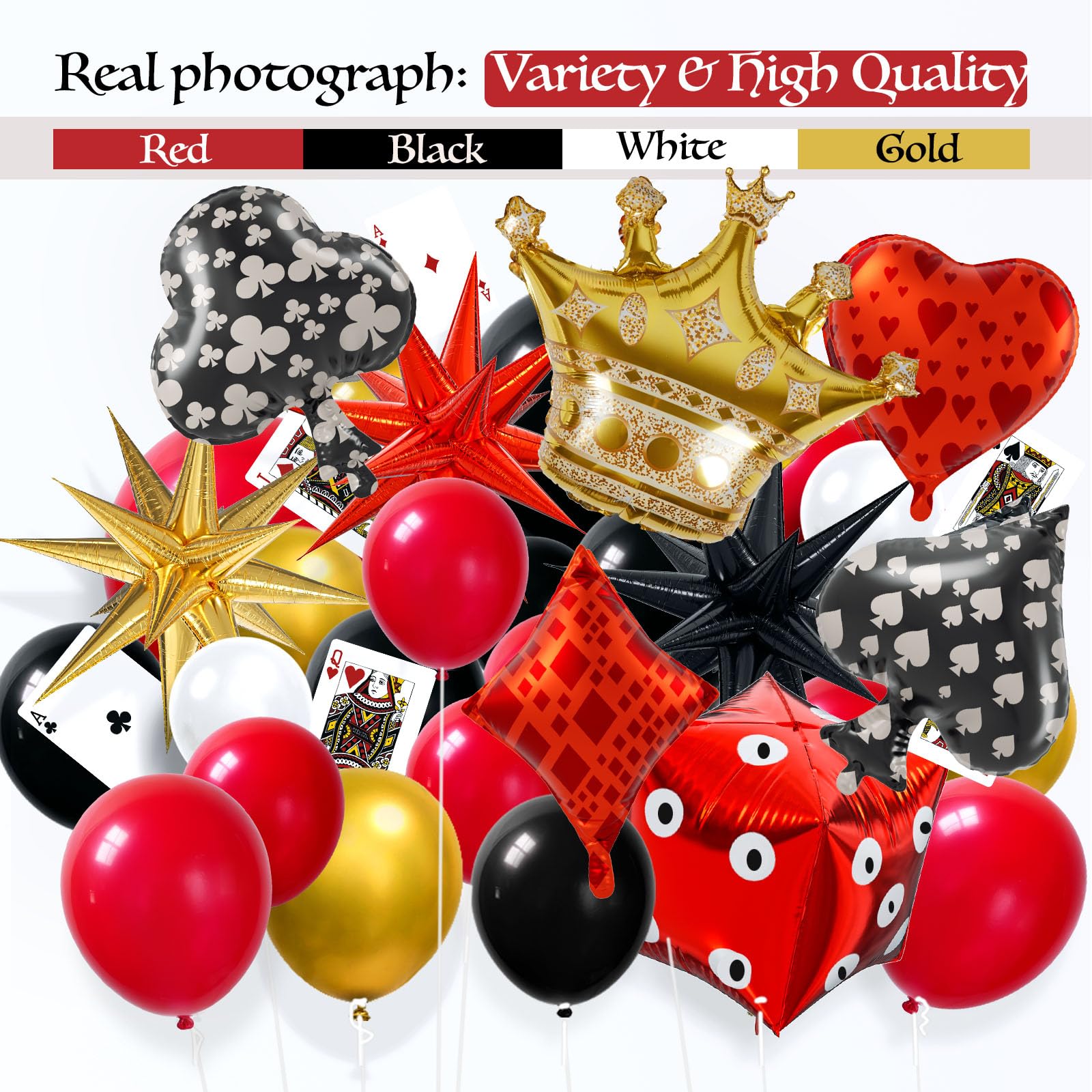 165pcs Casino Balloon Arch Garland Kit, Red Black Gold Balloons with Star Crown Dice Poker Foil Balloons for Birthday Casino Night Las Vegas Casino Theme Party Decorations