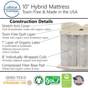 Ethical Mattress CO 10" Toxin-Free Hybrid Mattress, Made in USA with Organic Cotton, Wool, Latex & Pocketed Coils (Mattress-in-a-Box) Comfortable & Supportive for All Ages - King Size