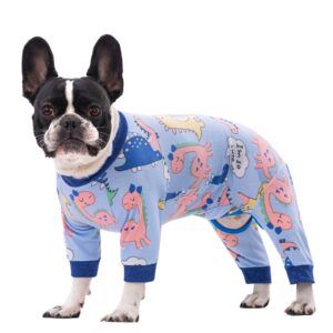 Qunaawa Dog Recovery Suit for Surgery Small Medium Dogs Onesie, Cute Soft Dog Pajamas Bodysuit Cone Alternative Prevent Licking Dog Recovery Suit Female Male (Small, Dinosaur Blue)