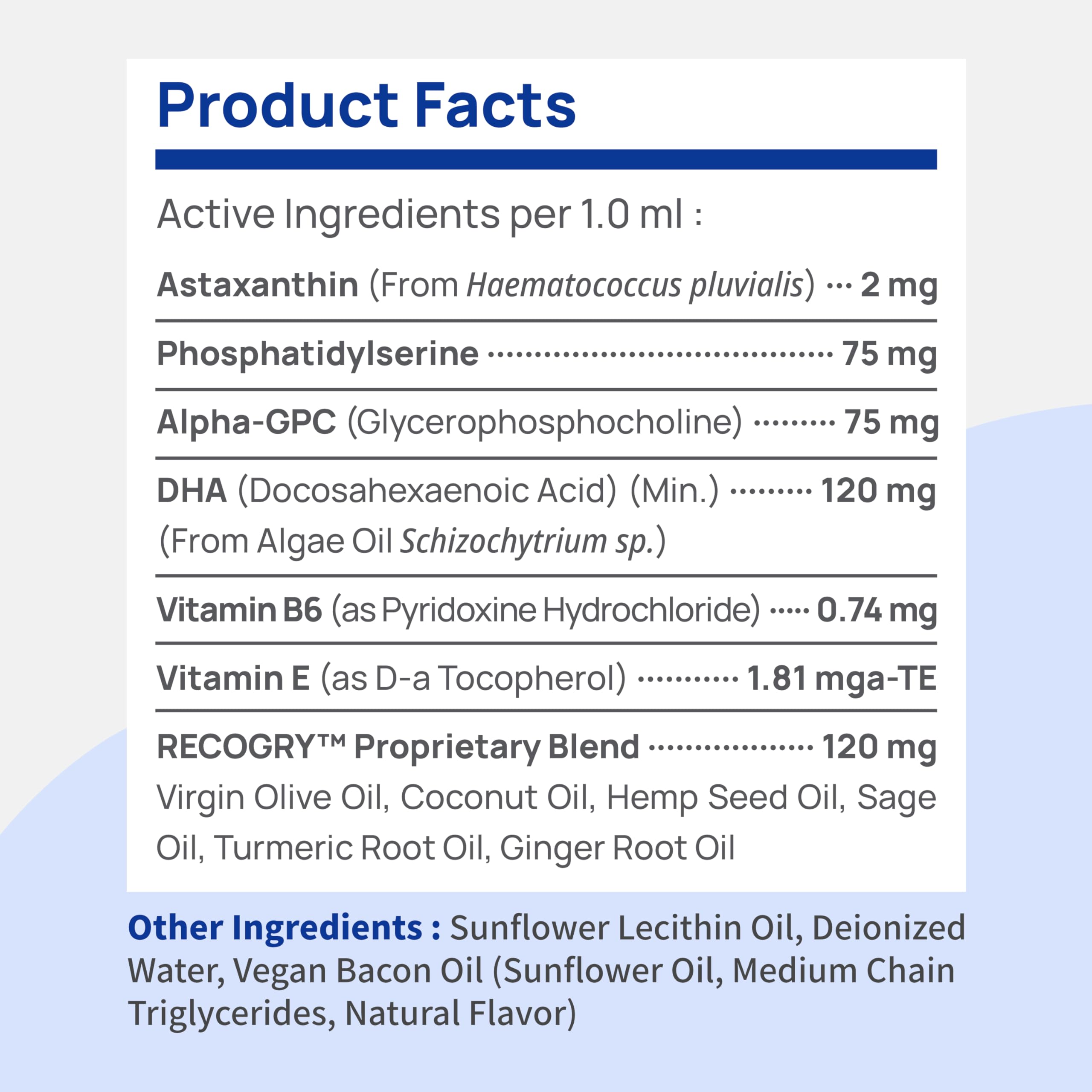 Branvine Recogry Liquid Cognitive Disorder and Brain Support for Dogs and Cats with Astaxanthin, Phosphatidylserine, Alpha GPC, DHA, Olive, Coconut, Sage, Turmeric, Ginger (90ml)