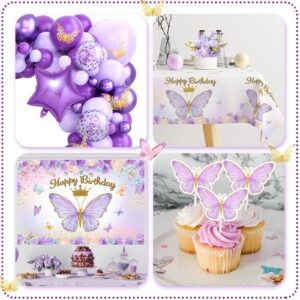 Butterfly Birthday Decorations for Girl,Purple Balloon Arch Kit with Foil Butterfly Balloon,Happy Birthday Backdrop Butterfly Tablecloth Decorations for Girl Birthday Baby Shower Purple Party Supplies