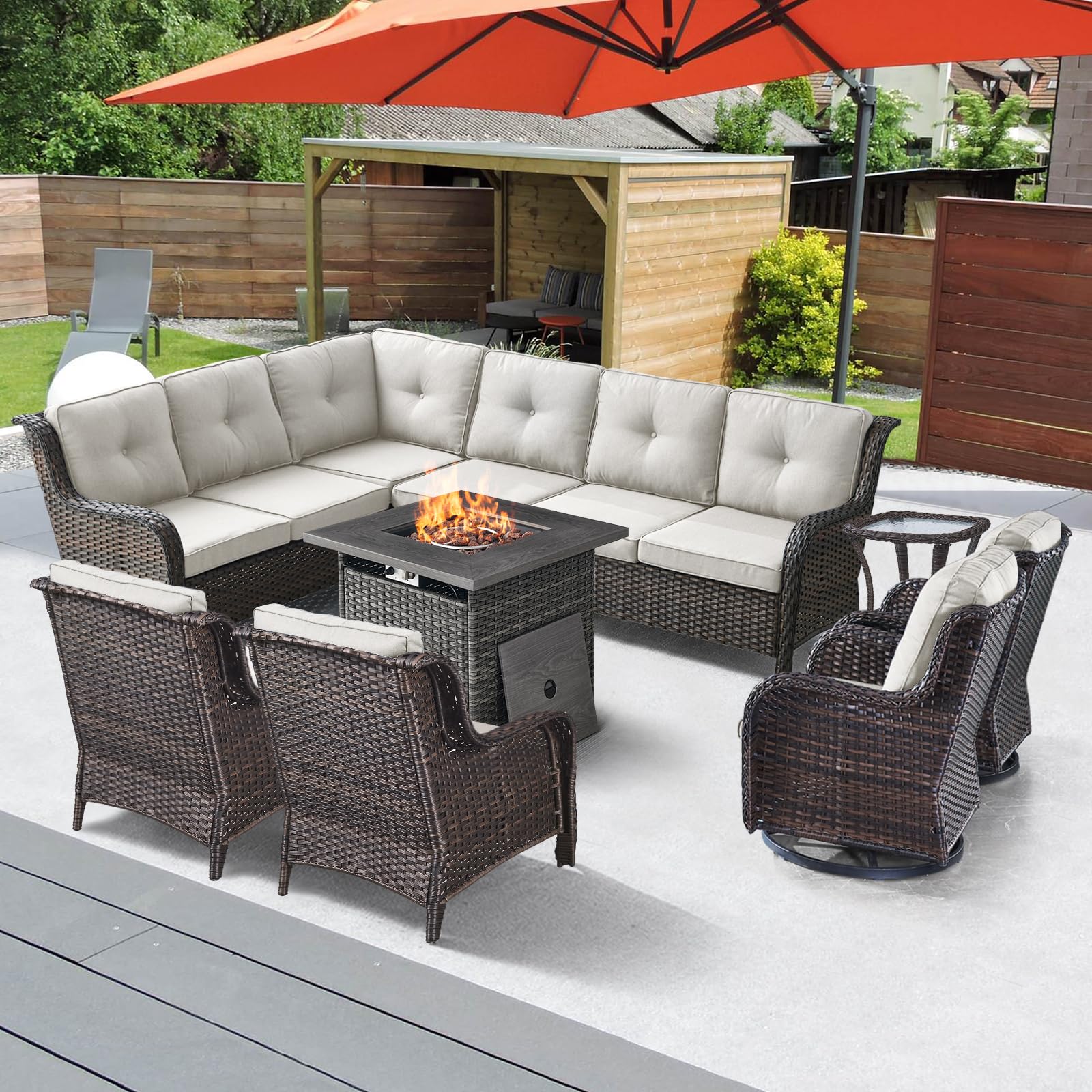 Wicker Outdoor Patio Furniture Set - Rattan Sofa Sectional Conversation Sets with 2 Loveseat,1 Corner Sofa,1 Armless Sofa and 1 Square Propane Fire Pit Table(Brown Wicker/Beige Cushion)