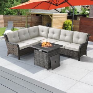 wicker outdoor patio furniture set - rattan sofa sectional conversation sets with 2 loveseat,1 corner sofa,1 armless sofa and 1 square propane fire pit table(brown wicker/beige cushion)