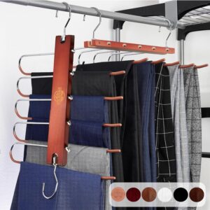 Altai Republic Wooden Pants Hangers Space Saving - 5 in 1 Jean Hangers for Closet - Trouser Hangers, Stainless Steel Extendible, Multi Hanger, Magic Hanger, Wardrobe Clothes Hanger Holder (Mahagony)