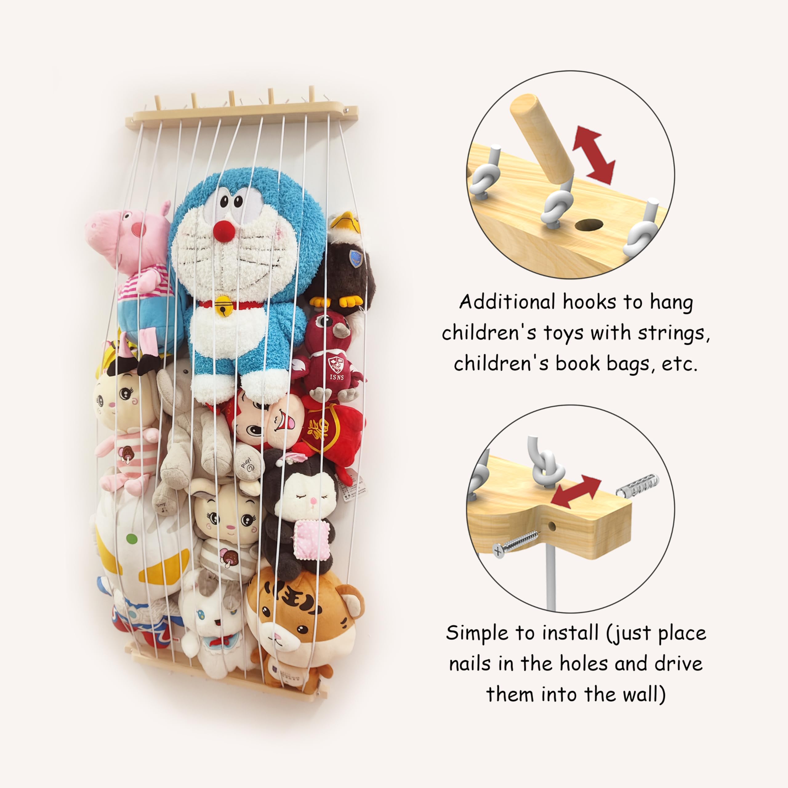 KSXLIUC Stuffed Animal Storage Wood Plush Toys Holder with Hooks, Length Adjustable Hanging Stuffed Animal Toy Organizer Shelf for Nursery Kid Room Play Room Bedroom