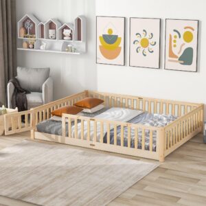 lostcat queen size floor bed frame with safety fence and door, wood montessori floor bed with slat support,toddler floor bed frame for kids girls boys,no box spring needed, natural