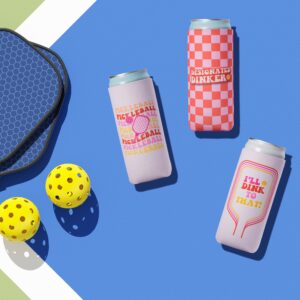 Funny Pickleball Gifts for Women I Pickleball Themed Slim Can Coolers Set (6 Pack) I Girly & Trendy Drink Insulators for Pickleball Party I Perfect Pickleball Accessories for Women