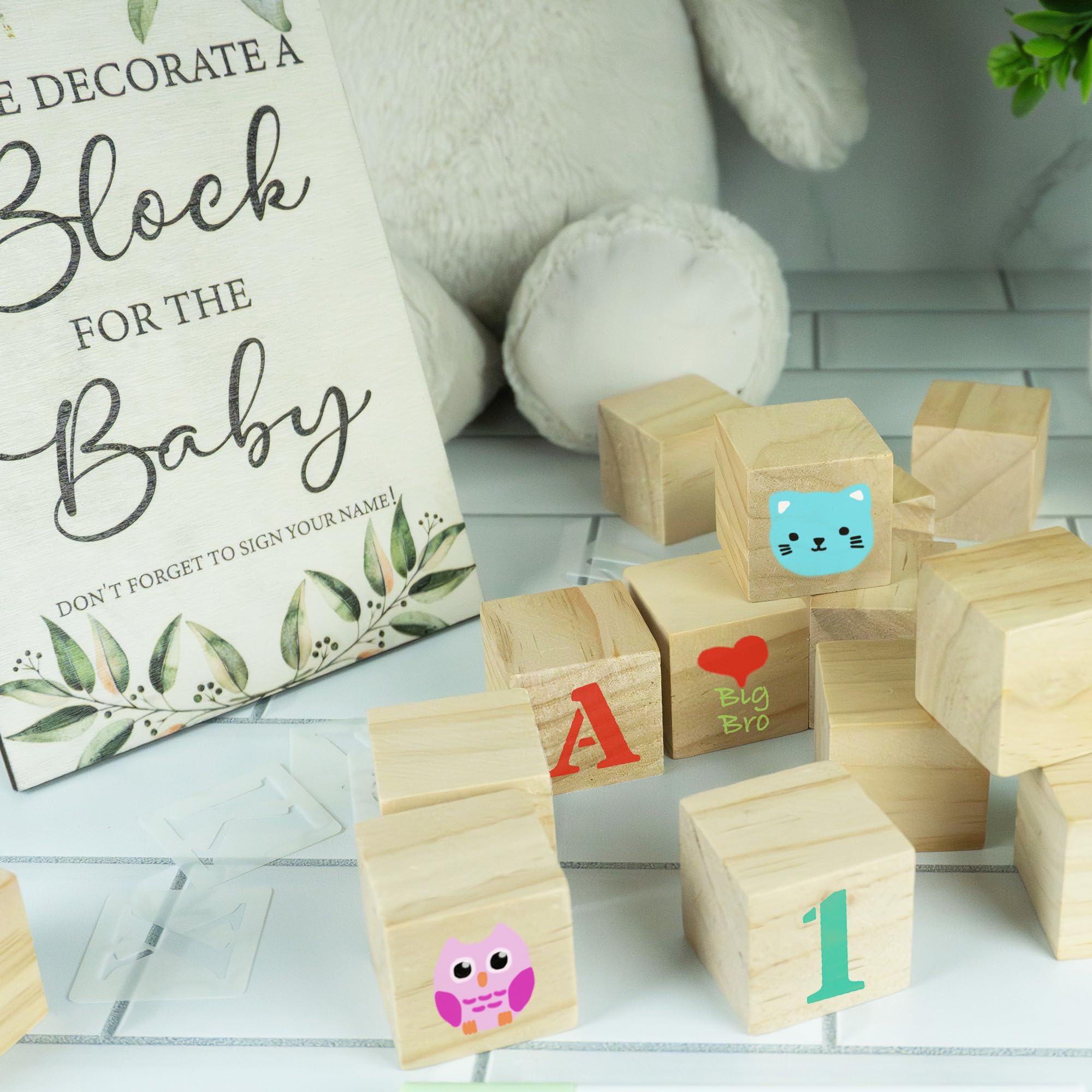 Geeday Baby Shower Blocks to Decorate 111 Pcs Includes 36 Stencils 50 Blank Baby Blocks 24 Acrylic Markers - Plain Wooden Blocks Great for Boho Baby Shower Decorations Gender Reveal Baby Shower Games