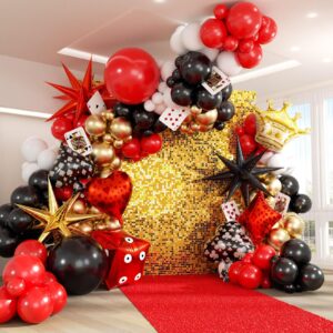 165pcs casino balloon arch garland kit, red black gold balloons with star crown dice poker foil balloons for birthday casino night las vegas casino theme party decorations