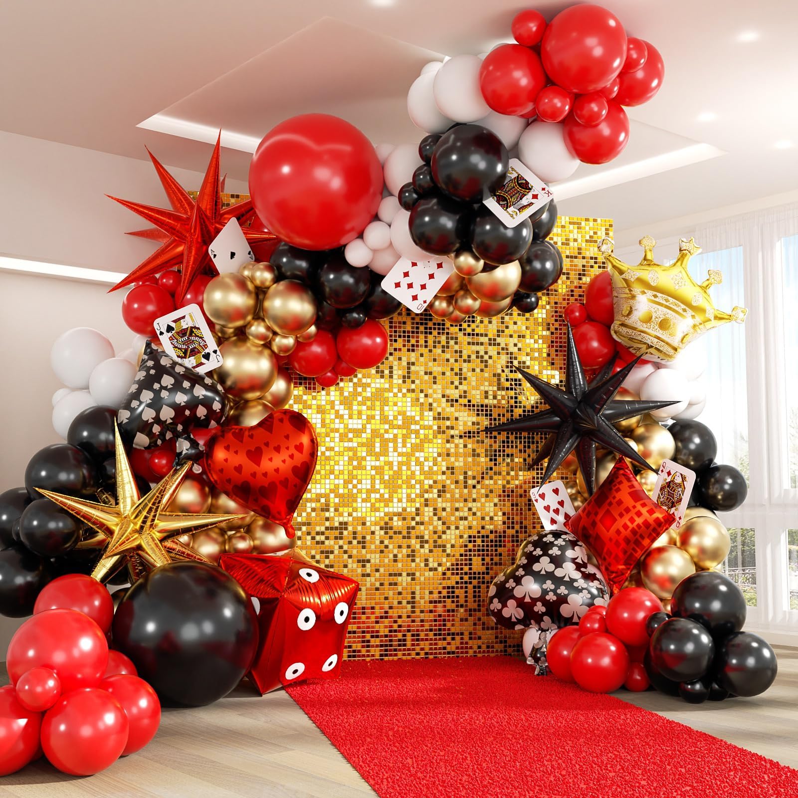 165pcs Casino Balloon Arch Garland Kit, Red Black Gold Balloons with Star Crown Dice Poker Foil Balloons for Birthday Casino Night Las Vegas Casino Theme Party Decorations