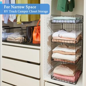 4 Pack Closet Organizers and Storage Shelves for Clothes, 4 Tier Stackable Closet Storage Basket Bin Container for Clothing Sweater Jean, Narrow, Foldable, Sturdy Metal Closet System Organizer Shelf