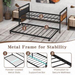 KOMFOTT Twin Size Metal Daybed with Trundle, Daybed Frame with Wooden Headboards, Metal Slat Support, Saving Space Metal Sofa Bed Frame for Living Room, Bedroom, Apartment, No Box Spring Needed