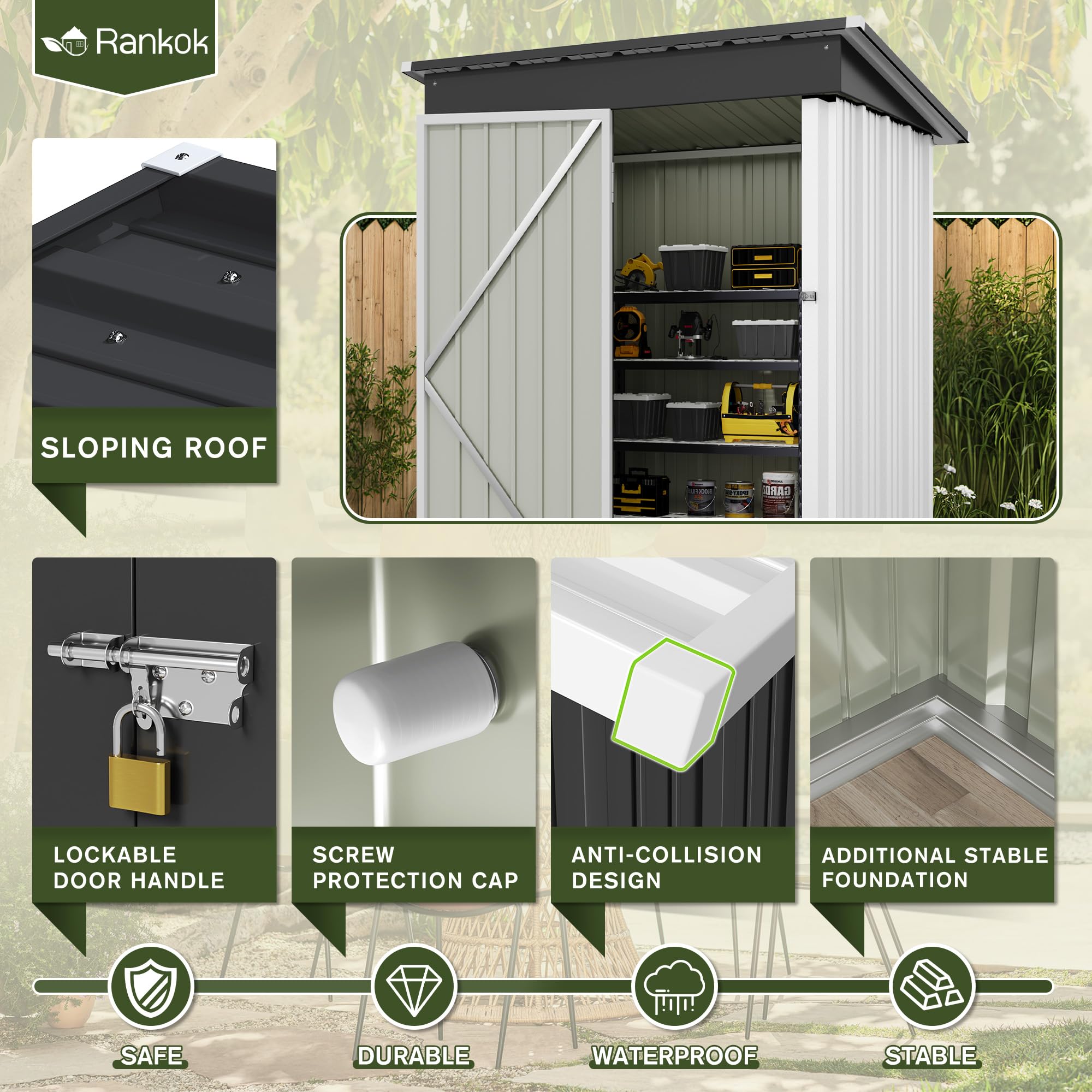 Rankok 5ft x 3ft Outdoor Storage Shed Metal Shed House with Sloping Roof Tool Shed for Courtyard or Garden Storage of Equipment, Supplies, Toys (White)