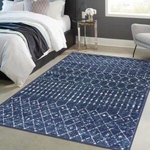 Beeiva Moroccan Washable Living Room Rug, Printed Soft 5x7 Rug with Rubberback Non Slip, Low Pile Distressed Blue Rug No Shedding Dining Room Rug for Bedroom Office