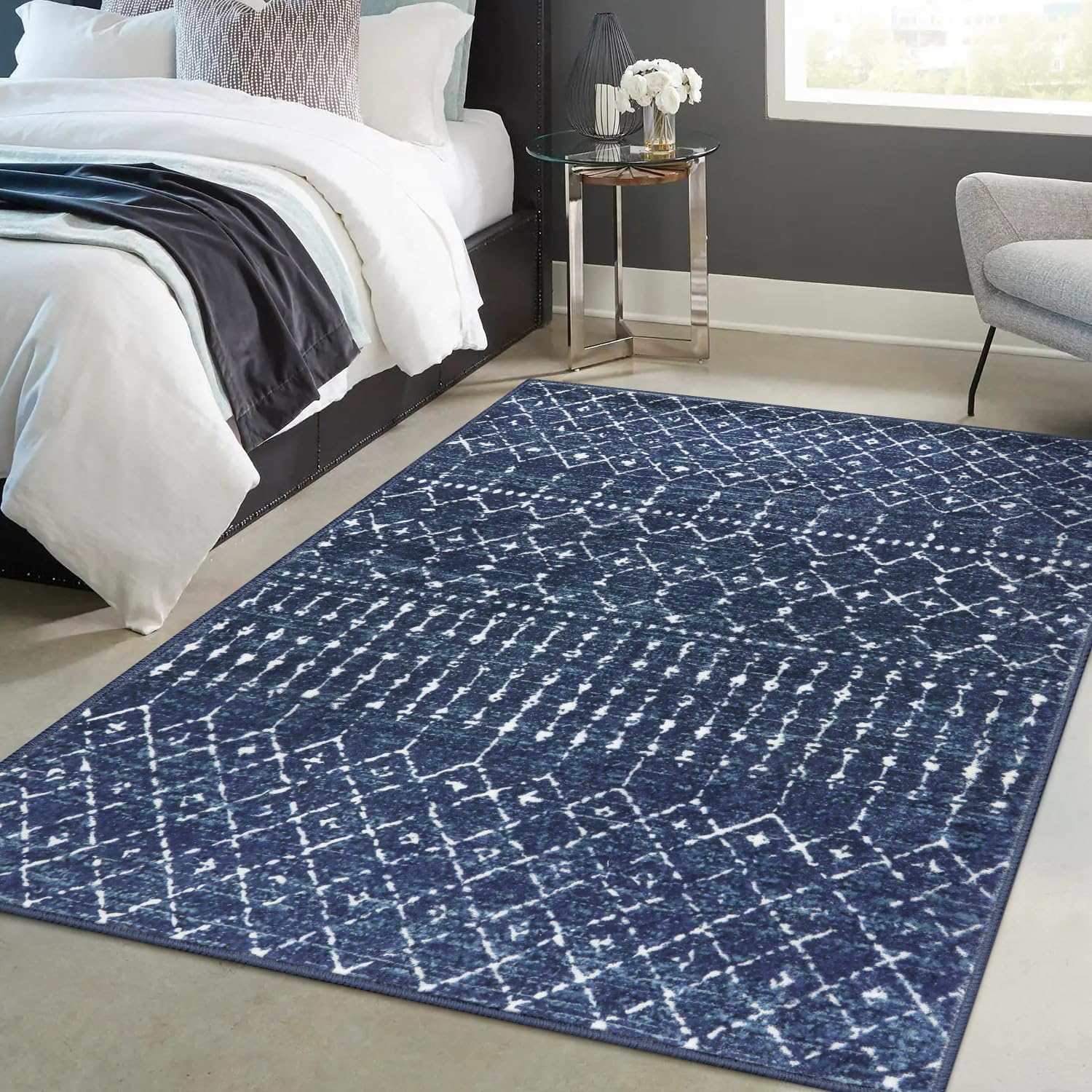 Beeiva Moroccan Washable Living Room Rug, Printed Soft 5x7 Rug with Rubberback Non Slip, Low Pile Distressed Blue Rug No Shedding Dining Room Rug for Bedroom Office