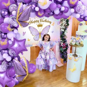 Butterfly Birthday Decorations for Girl,Purple Balloon Arch Kit with Foil Butterfly Balloon,Happy Birthday Backdrop Butterfly Tablecloth Decorations for Girl Birthday Baby Shower Purple Party Supplies