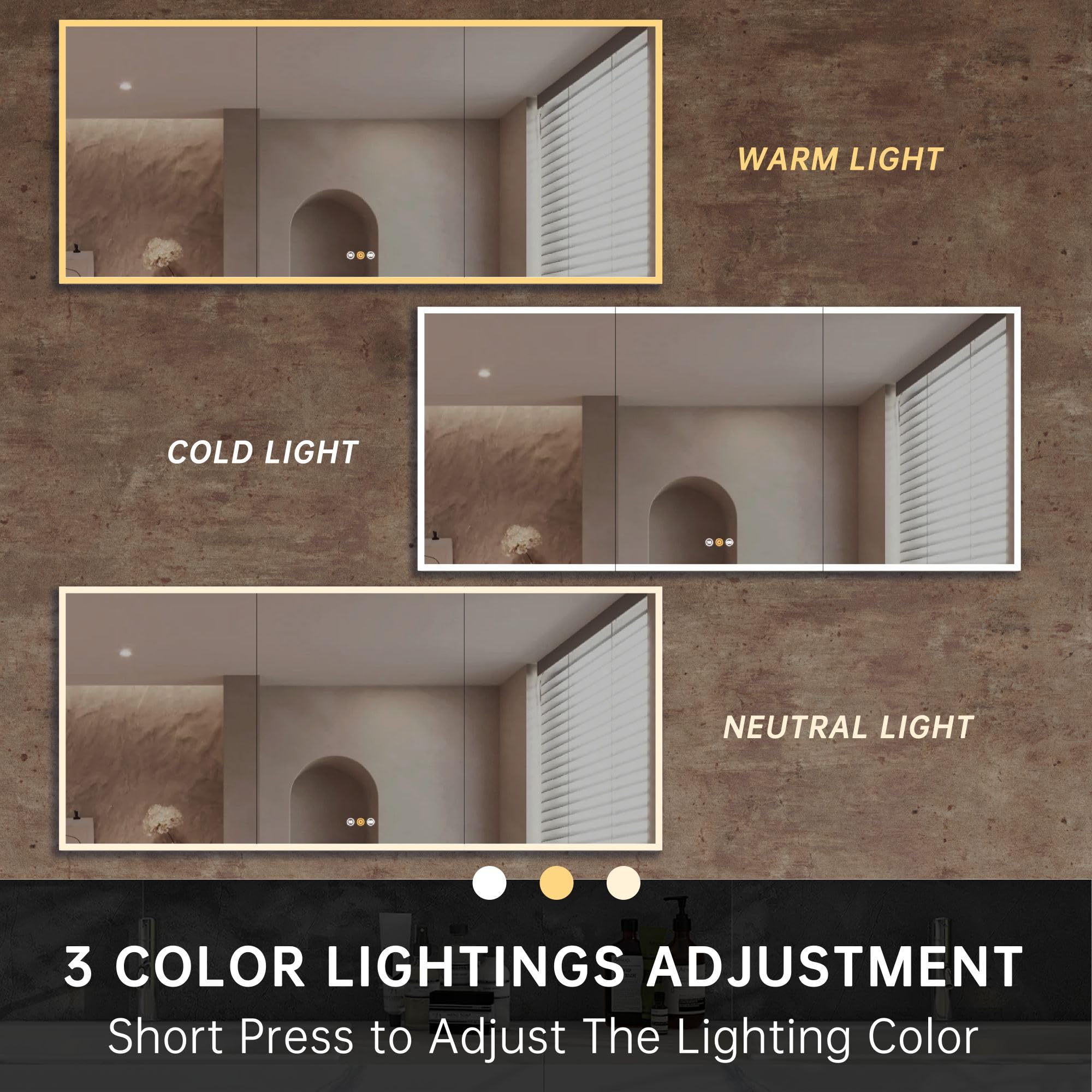 tunuo 60”W x 36”H Medicine Cabinets for Bathroom with Mirror, Surface Mounted LED Medicine Cabinets Mirror with Defogger, Dimmer, Outlets & USB, Three Doors