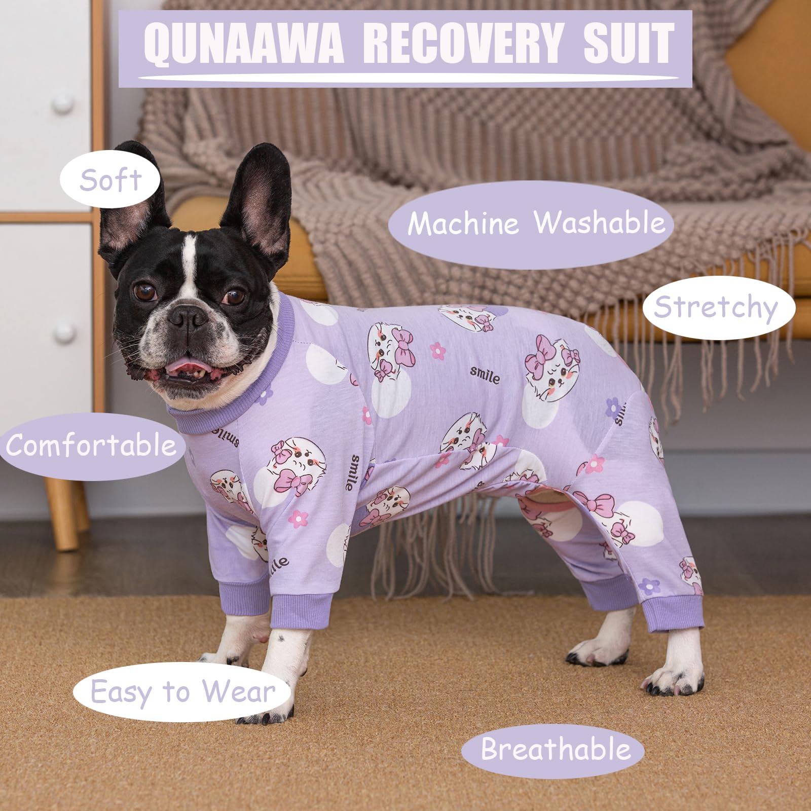 Qunaawa Dog Recovery Suit for Surgery Small Medium Dogs Onesie, Cute Soft Dog Pajamas Bodysuit Cone Alternative Prevent Licking Dog Recovery Suit Female Male (X-Large, Cat Purple)