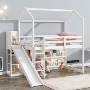 favfurish twin size house loft bed with slide, storage shelves and light, wood kids bed frame with guardrail and ladder,climbing ramp,for teens boys girls bedroom, white