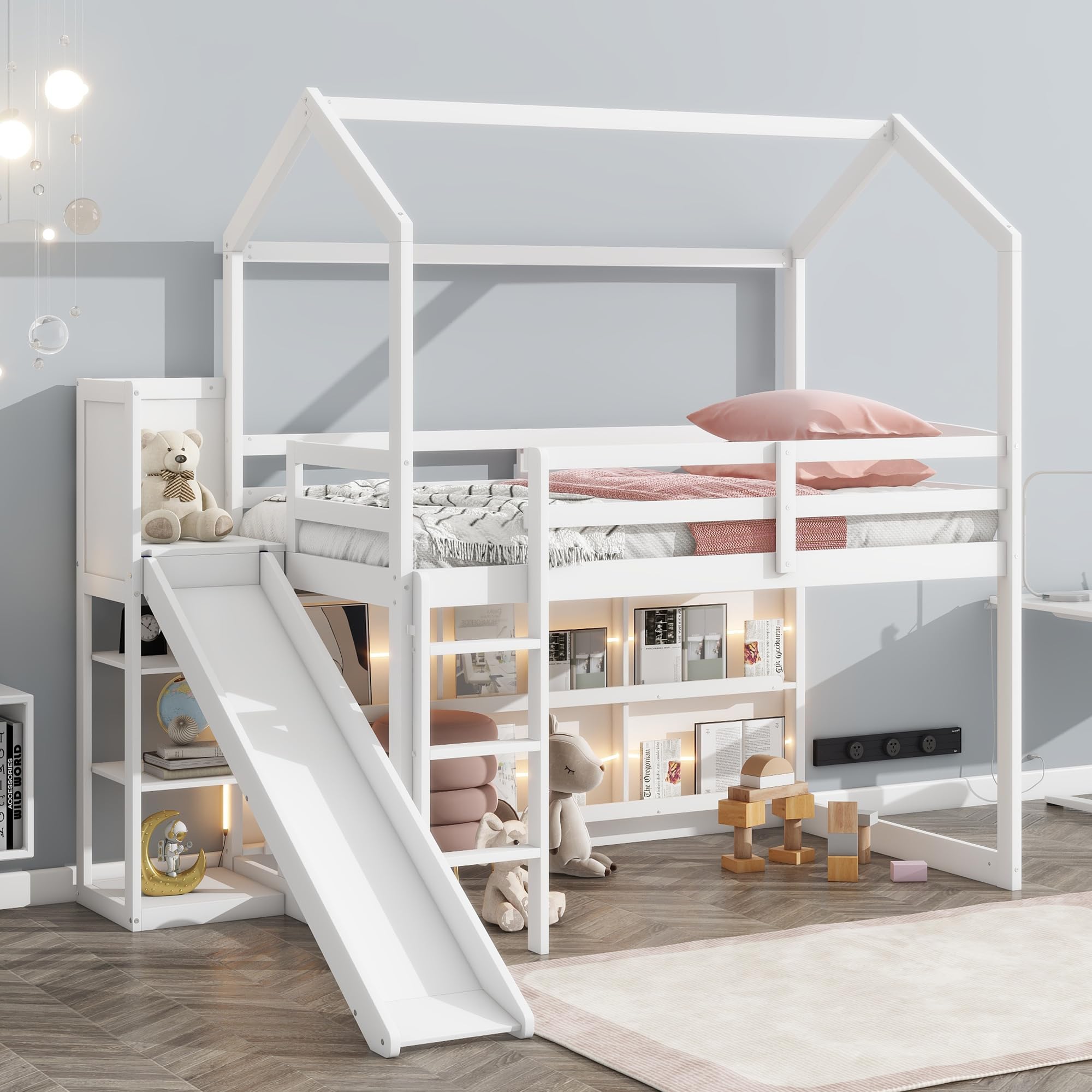 Favfurish Twin Size House Loft Bed with Slide, Storage Shelves and Light, Wood Kids Bed Frame with Guardrail and Ladder,Climbing Ramp,for Teens Boys Girls Bedroom, White