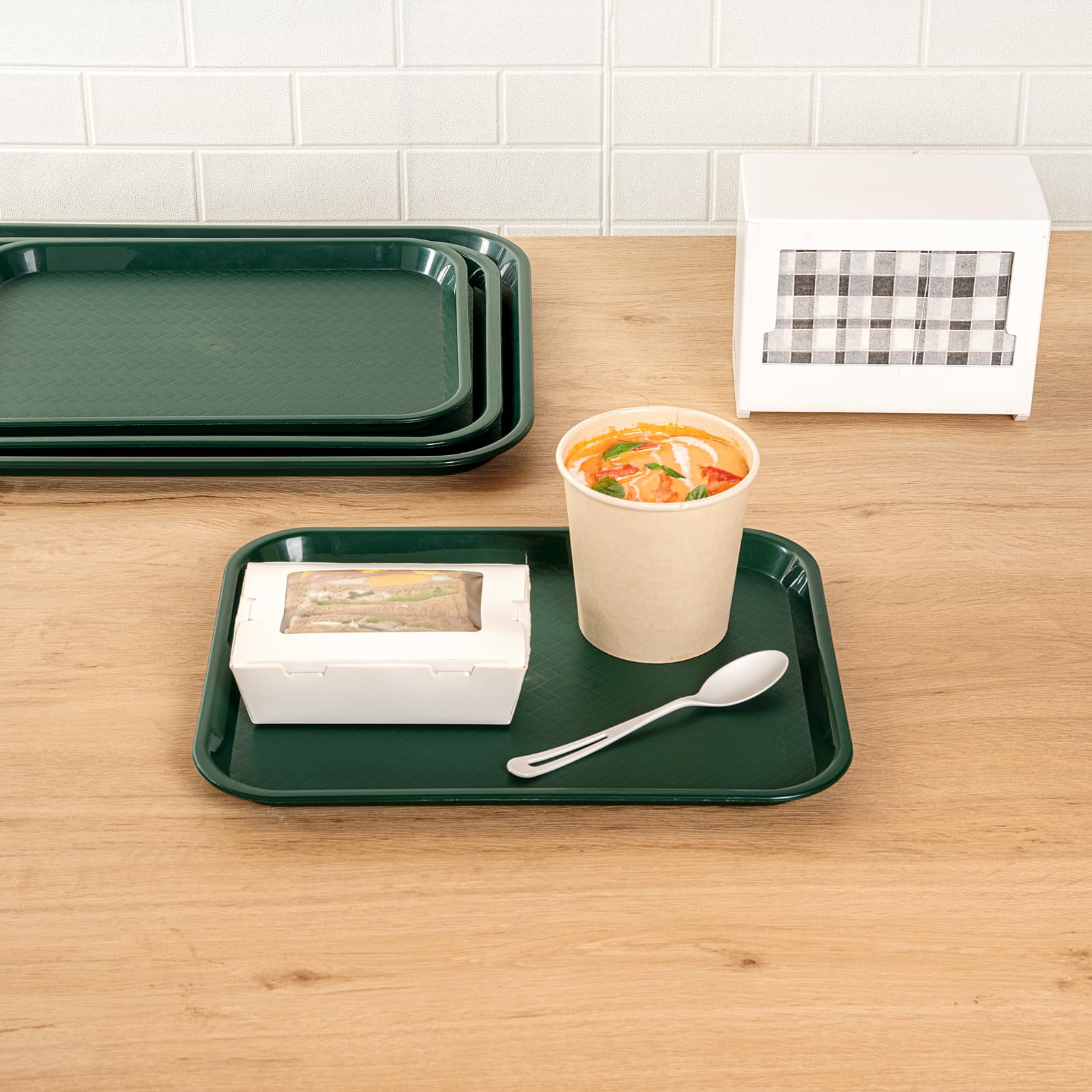 Restaurantware RW Base 10 x 14 Inch Fast Food Tray 1 Sturdy Cafeteria Lunch Tray - Lightweight No Slip Forest Green Plastic Serving Tray Rounded Corners For Restaurants Or Dinner Service