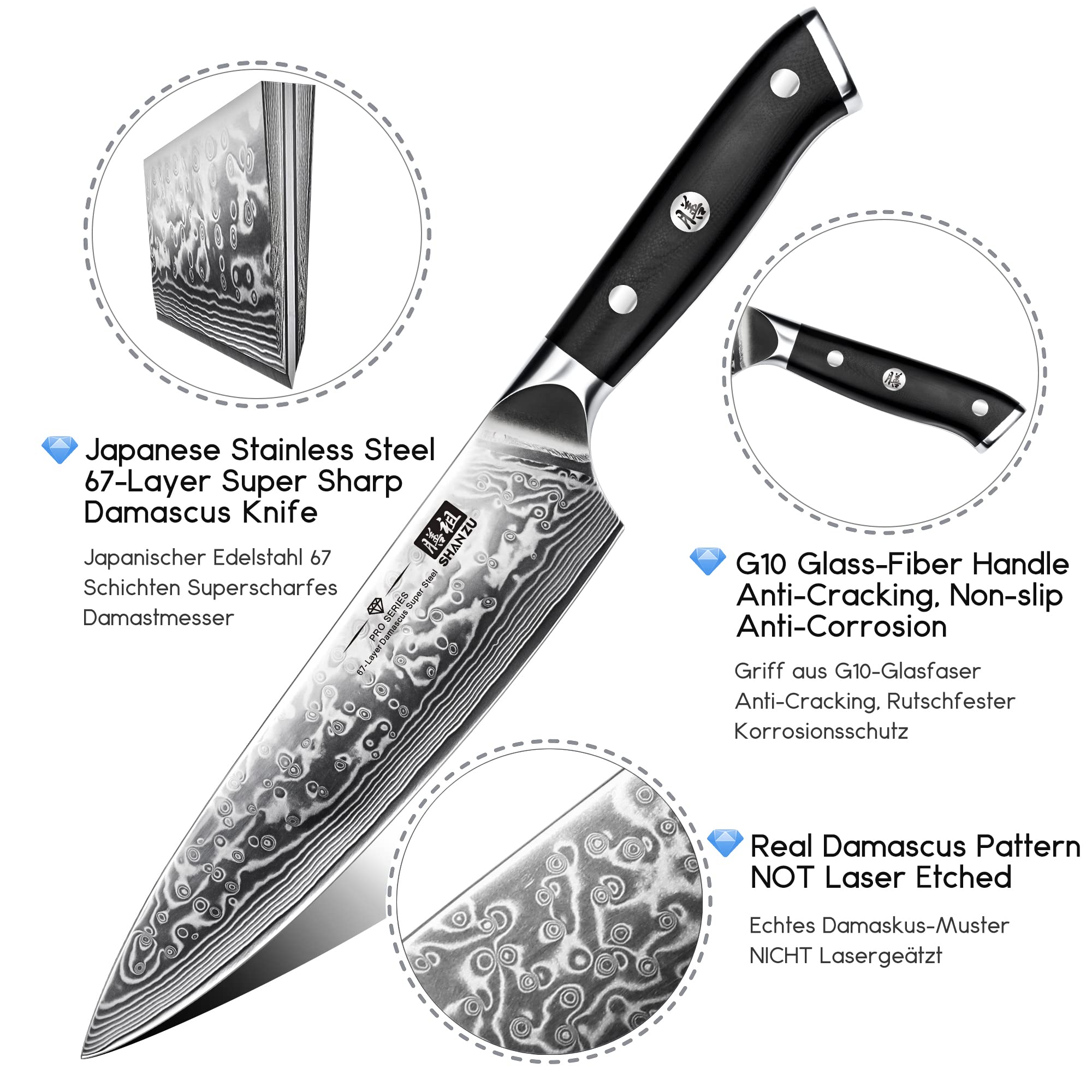 SHAN ZU Damascus Knife Set 3 PCS, Japanese Super Steel Damascus Kitchen Knife Set, High Carbon Professional Ultra-Sharp Chef Knife Set with G10 Handle, Gift Box