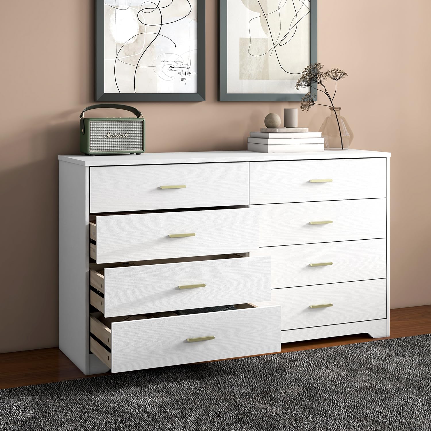 8 Drawer Wood Lateral Dresser, Big Wide Chest of Drawers Storage Organizer with Metal Gold Handles Home Bedroom (White)