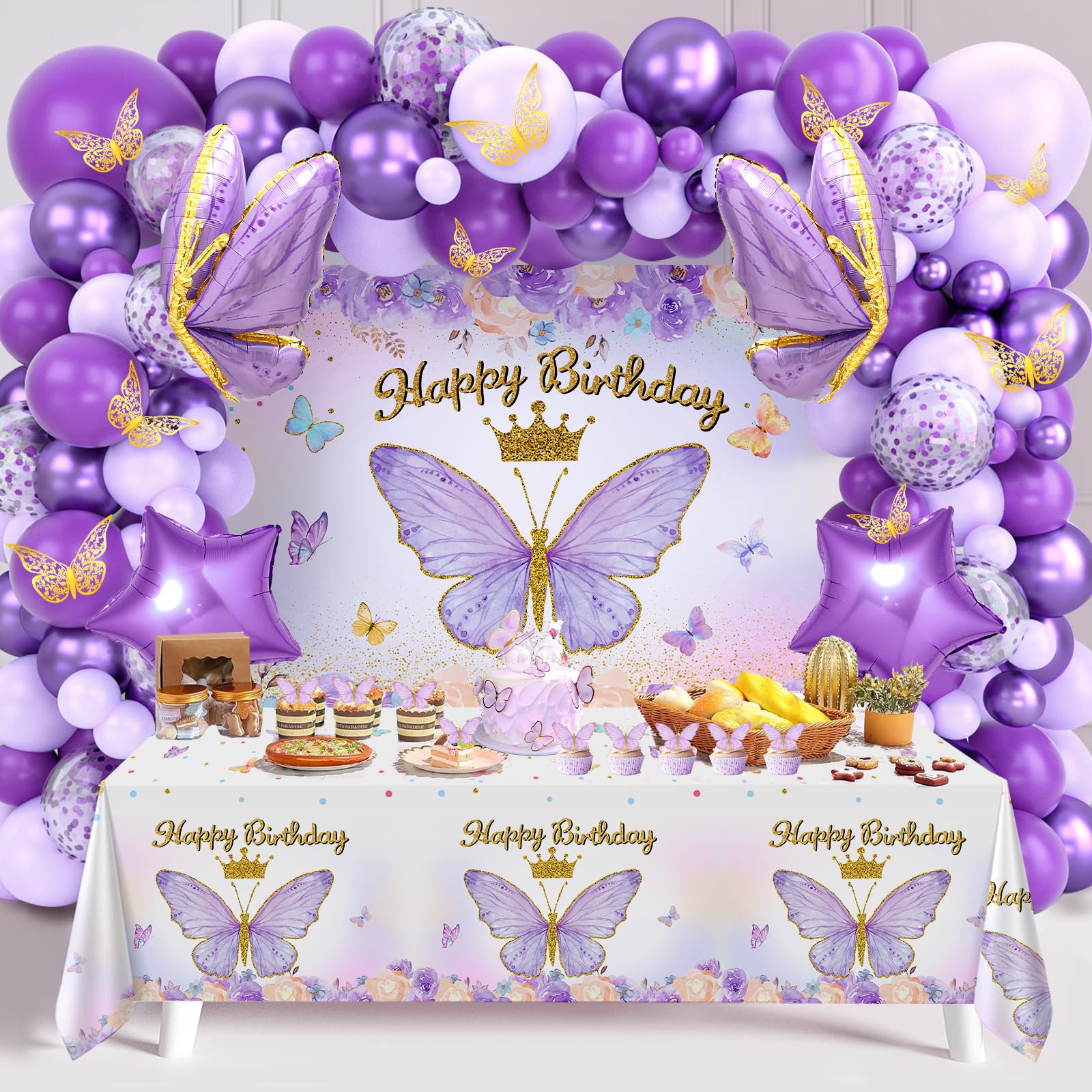 Butterfly Birthday Decorations for Girl,Purple Balloon Arch Kit with Foil Butterfly Balloon,Happy Birthday Backdrop Butterfly Tablecloth Decorations for Girl Birthday Baby Shower Purple Party Supplies