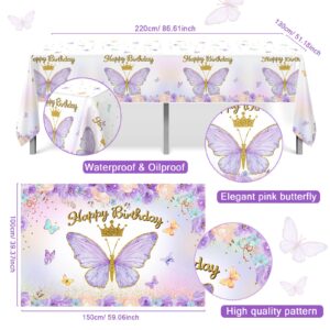 Butterfly Birthday Decorations for Girl,Purple Balloon Arch Kit with Foil Butterfly Balloon,Happy Birthday Backdrop Butterfly Tablecloth Decorations for Girl Birthday Baby Shower Purple Party Supplies