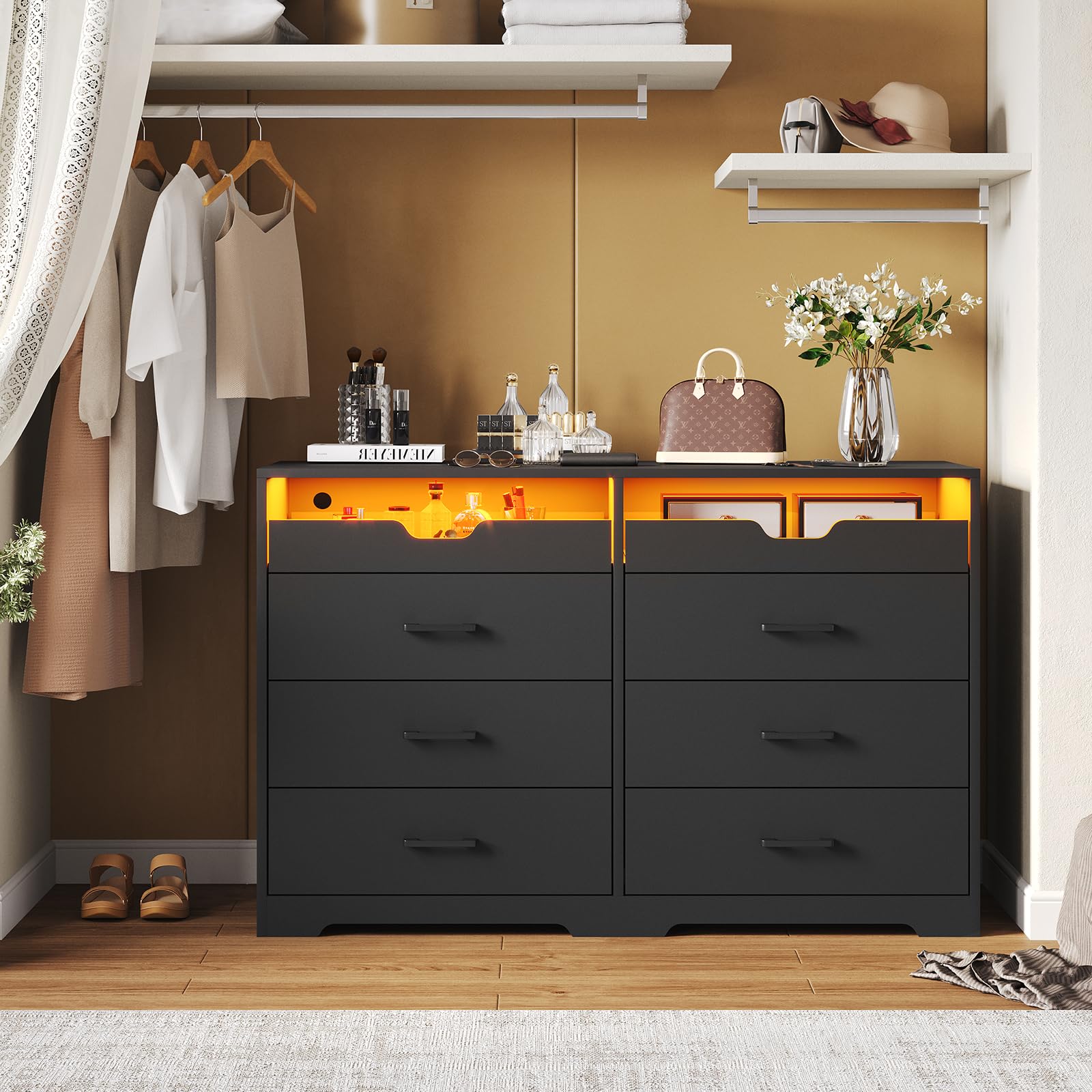 Hasuit 6 Drawers Dresser with LED Lights for Bedroom, Modern Double Dresser with 2 Pull-Out Trays, Black Chest of Drawers Bedroom Storage Organizer, Dimensions 15.6" D x 42.6" W x 30.1" H