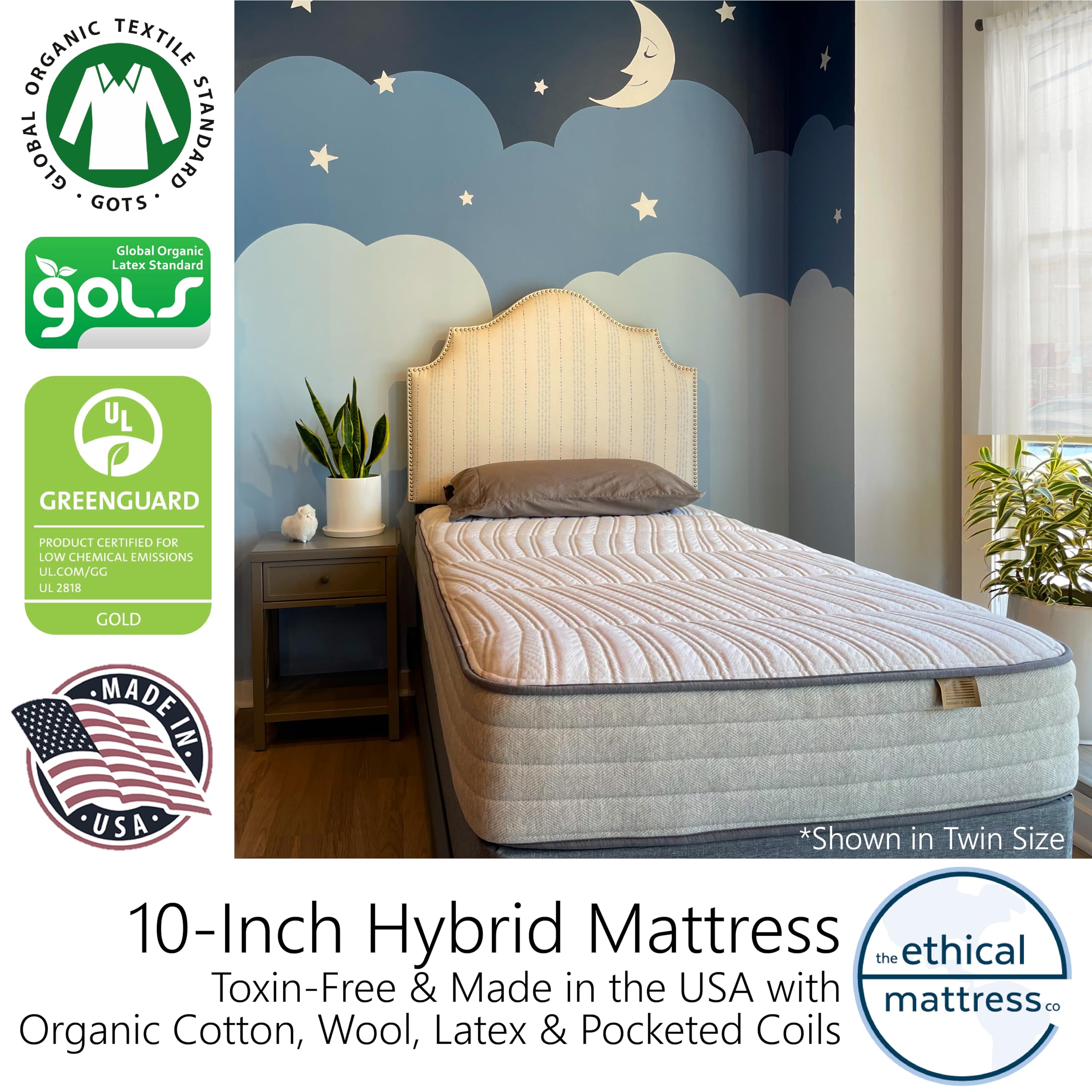 Ethical Mattress CO 10" Toxin-Free Hybrid Mattress, Made in USA with Organic Cotton, Wool, Latex & Pocketed Coils (Mattress-in-a-Box) Comfortable & Supportive for All Ages - King Size