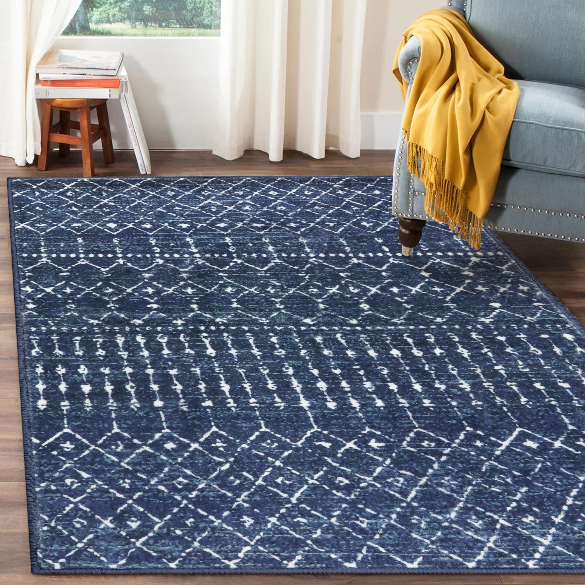 Beeiva Moroccan Washable Living Room Rug, Printed Soft 5x7 Rug with Rubberback Non Slip, Low Pile Distressed Blue Rug No Shedding Dining Room Rug for Bedroom Office