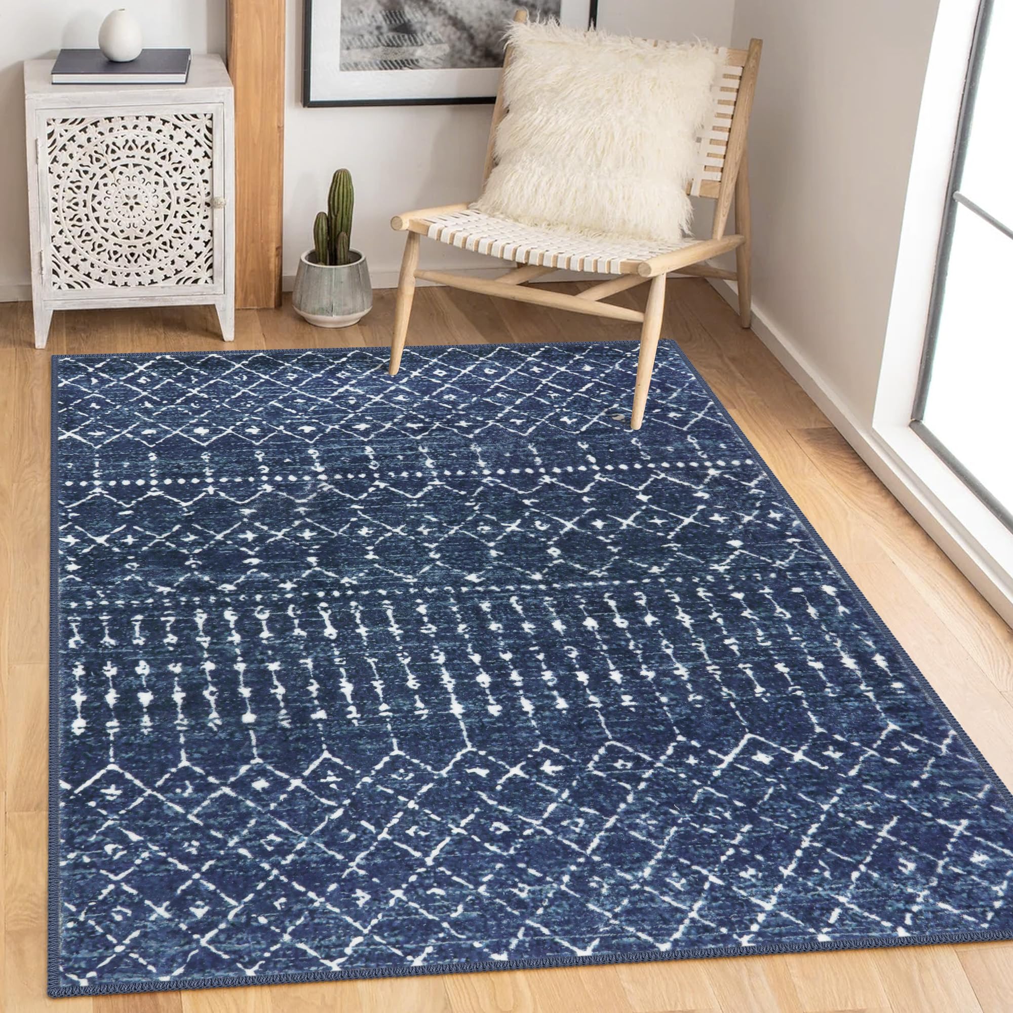 Beeiva Moroccan Washable Living Room Rug, Printed Soft 5x7 Rug with Rubberback Non Slip, Low Pile Distressed Blue Rug No Shedding Dining Room Rug for Bedroom Office